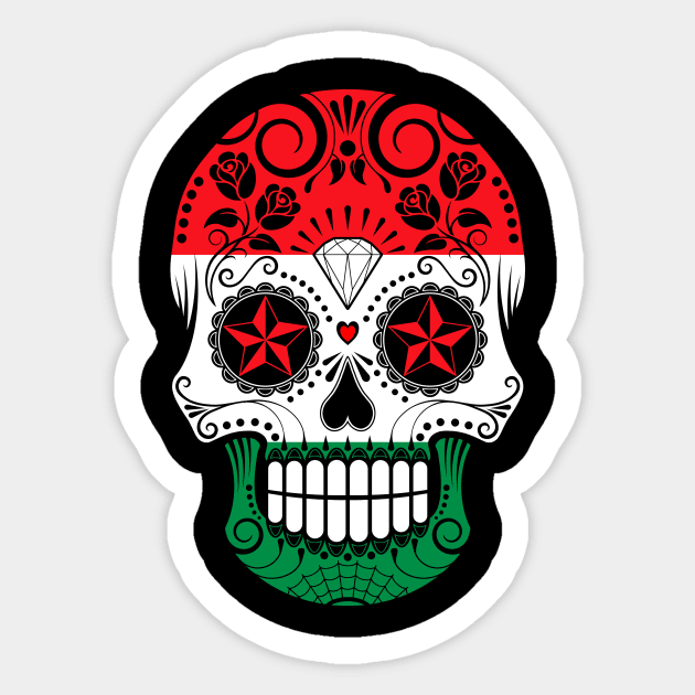Hungarian Flag Sugar Skull with Roses Sticker by jeffbartels